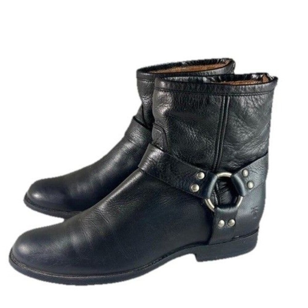 Frye Phillip Harness Short Ankle Boots Black Leather Womens Western Moto 6.5
